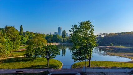 A beautiful panoramic view of the sunrise in a fabulous spring morning at Pola Mokotowskie in Warsaw, Poland - 