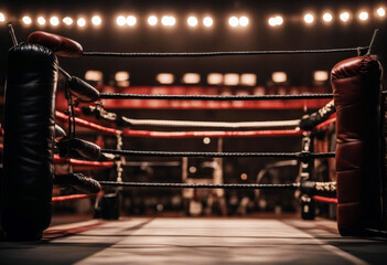 corner equipments ring boxing fight empty copy space event glove professional sport night competition background dark boxer spotlight old light illumination show stage arena - Powered by Adobe