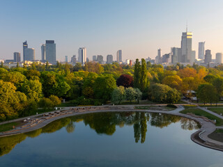 A beautiful view of the sunrise in a fabulous spring morning at Pola Mokotowskie in Warsaw, Poland - "Mokotow Field" is a large park in Warsaw.