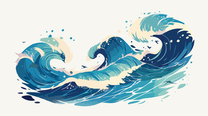 Elegant colored drawing of sea or ocean wave with f