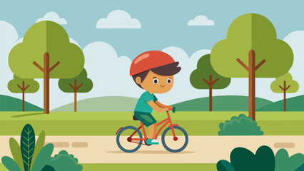 A playful ride through a park as a kid confidently navigates past trees and bumps in the road their training wheelfree bike now their greatest - obrazy, fototapety, plakaty