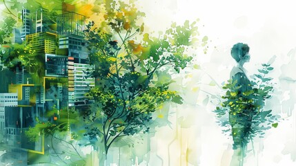 A watercolor painting of a city with a lot of trees and greenery. The painting has a dreamlike quality to it.
