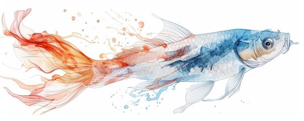 A watercolor painting of a koi fish with a blue body and red tail.