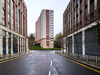 A block of flats at the end of the road