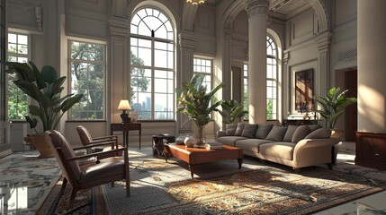 This is a living room with a large window that has a sheer curtain. There is a sofa, coffee table, rug, two chairs, end tables, and a few plants in the room. The room is decorated in a modern style wi