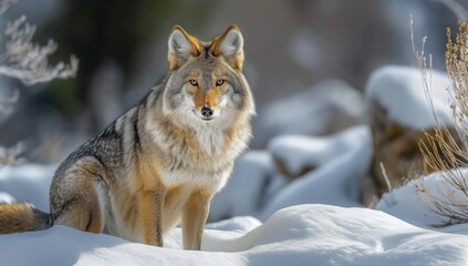 Obraz premium A gray wolf standing in the snow during winter