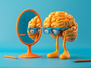3d illustration of brain character looking in the mirror and sad, lack of self confidence