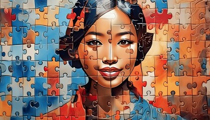 A woman's face is made up of puzzle pieces