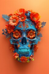 3D Sugar Skull with Flowers Vibrant Art on Orange Background