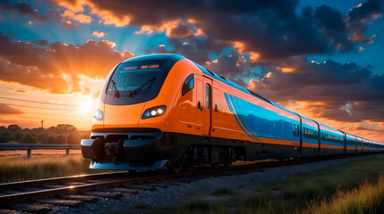 High-speed train on the background of the sunset