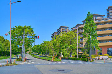 Obraz premium 春の東京都稲城市若葉台2丁目の若葉台西交差点付近から北西側の3丁目方面を見る