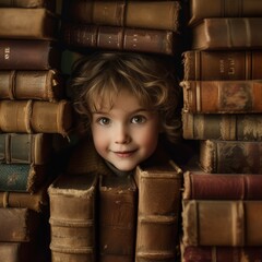 a boy is peeking out of a book with a face on the front.