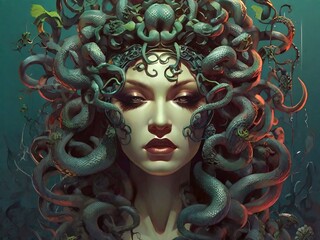 Medusa Face With Snakes Hair Portrait Illustration 