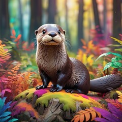 Playful Otter Enjoying Nature Alongside Cute Puffin and Other Wildlife in the Park - obrazy, fototapety, plakaty