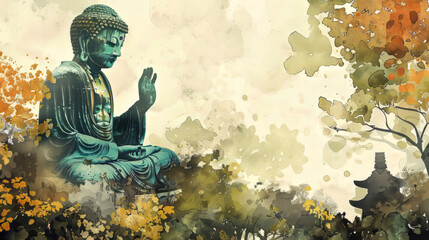 Watercolor painting of a buddha meditating.  AI generative.