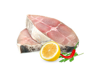Spanish mackerel slice or spotted mackerels with leaf Coriander and Chili and lemon isolated on...