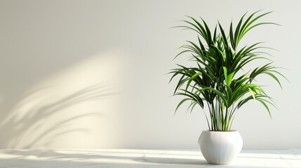 A beautiful shot of a potted plant sitting in front of a white wall. The plant has long green leaves and is sitting in a white pot.