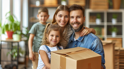 happy young family packing boxes at home for moving to new house, mother, father, daughters moving to parent's new property