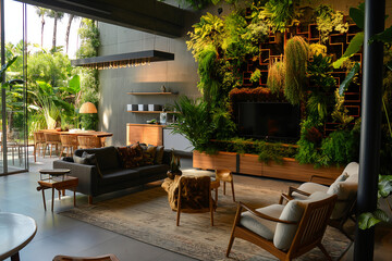 Fototapeta premium Nature-Inspired design. House with furniture surrounded by plants for leisure. Generative AI