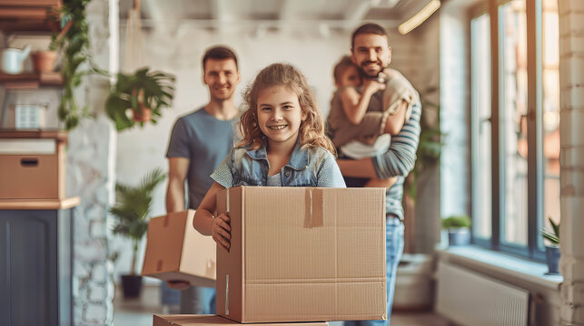happy young family packing boxes at home for moving to new house, mother, father, daughters moving to parent's new property