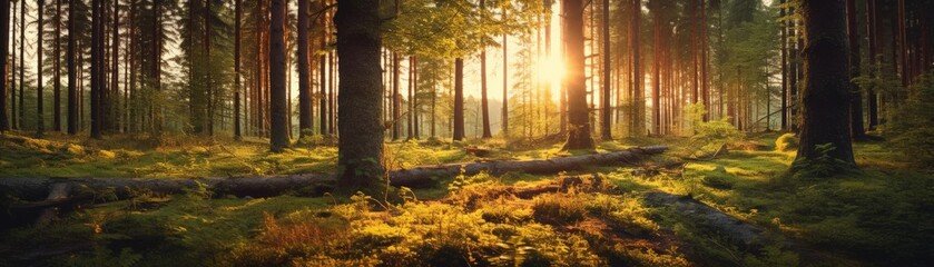 A sunlit clearing in a pine forest with a fallen tree in the foreground.