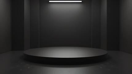 3D rendering of a dark and empty room with a spotlight on a round stage.