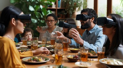 All the people in a latam family having lunch at a table and everyone wearing  VR on their faces
