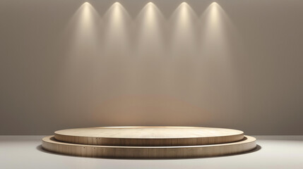 Simple wooden stage illuminated by spotlights.