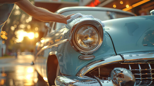 vintage car enthusiast cleaning a classic old car from the 60s.
