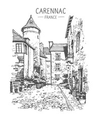 Vector travel sketch of Carennac, France. Hand drawing of old town, the Middle Ages. Historical building line art. Hand drawn travel postcard. Urban sketch in black color isolated on white background.