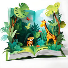 Wand Dekoration Kinderzimmer Kinderbuch PopUp Buch geöffnet mit Dschungel Baby Tiger Giraffe Vögel fröhlich bunter Hintergrund,  Erlebnis Entdeckung für Kinder