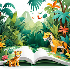 Wand Dekoration Kinderzimmer Kinderbuch PopUp Buch geöffnet mit Dschungel und Tiger Vögel fröhlich bunter Hintergrund,  Erlebnis Entdeckung für Kinder