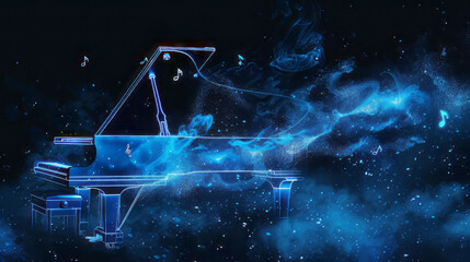 Piano with blue light wire  and smoke on black background. 3D rendering. Ai generative.