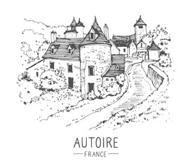 Vector travel sketch of Autoire, France. Hand drawing of old town. The most beautiful villages in France. Hand drawn travel postcard. Urban sketch in black color isolated on white background. 