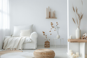 Chic interiors with minimalistic decor and natural lighting. Interior design composition with minimal boho furniture.