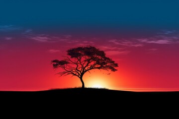 The setting sun casts a pink and purple glow on the horizon. A lone tree stands in the foreground, its branches silhouetted against the sky.