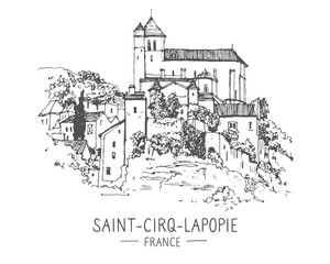 Vector travel sketch of Saint-Cirq-Lapopie, France. Hand drawing of medieval town. The beautiful old town in France. Hand drawn travel postcard. Sketch in black color isolated on white background.