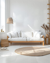 Chic interiors with minimalistic decor and natural lighting. Interior design composition with minimal boho furniture.
