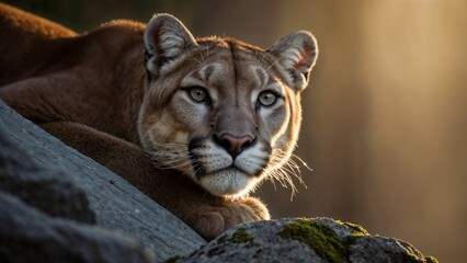 a dawn scene in the dense forests of North America where a cougar, also known as a mountain lion, is captured in a stunning, photo-realistic shot.