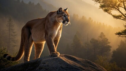 a dawn scene in the dense forests of North America where a cougar, also known as a mountain lion, is captured in a stunning, photo-realistic shot. - obrazy, fototapety, plakaty