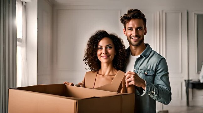 Junges Paar mit Karton in den H&auml;nden als Freisteller