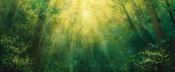Golden shafts of sunlight pierce the forest canopy, illuminating a verdant world in shades of jade and gold.