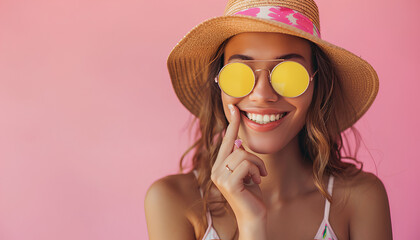 Young woman applying sunscreen cream on pink background - obrazy, fototapety, plakaty