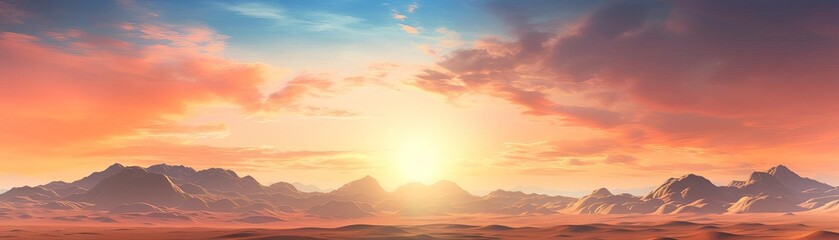 A beautiful landscape with a bright setting sun and a colorful sky with clouds over the mountains - Powered by Adobe