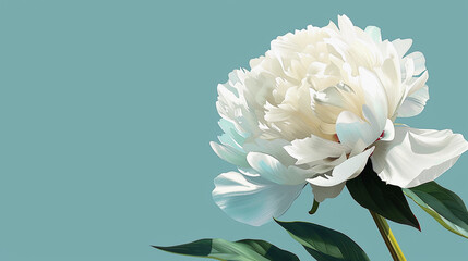 White Peony Flower with Lush Petals on a Soft Blue Background