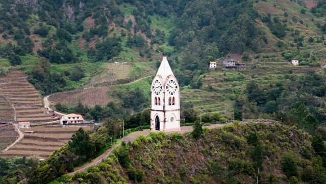 Close-up shot of tower of the Capela de Nossa Senhora de Fatima, Sao Vicente, chapel of our lady of Fatima, on island of Madeira
