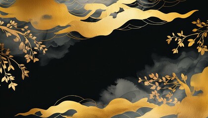 黒背景に和風の金色の抽象的な水彩模様の背景