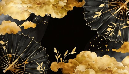 黒背景に和風の金色の抽象的な水彩模様の背景