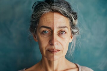 Aging skincare and illustrations highlight facial contouring in elderly care; sophisticated aging strategies focus on brow droop management and age adaptations.