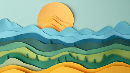 Fototapeta premium Surreal Paper Art Landscape with Rising Sun, Mountains, and Clouds